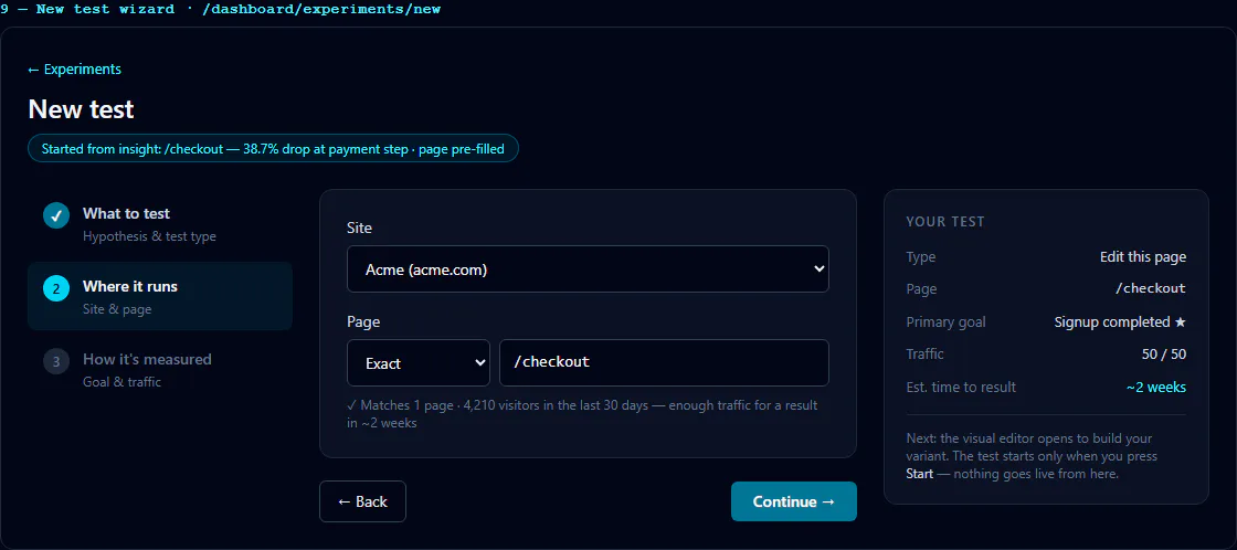 Create a test: Seeded three-step new-test wizard with page targeting, goal, traffic, and estimate context.