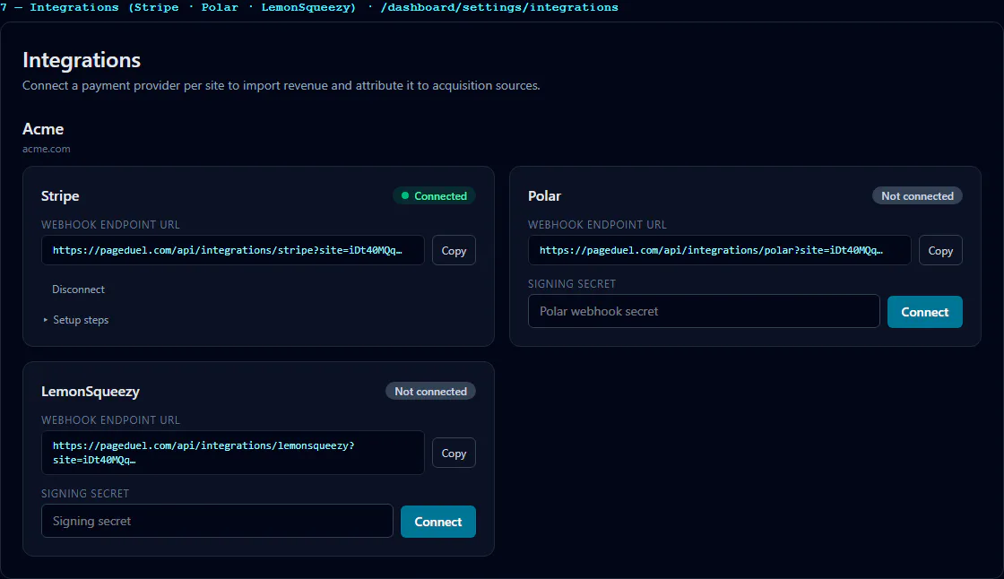 Integrations overview: Seeded site-scoped Stripe, Polar, and Lemon Squeezy integration cards.