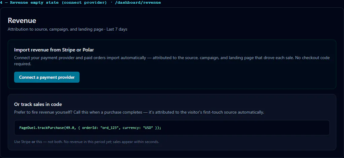 Set up revenue tracking: Seeded revenue empty state explaining provider and browser tracking setup choices.