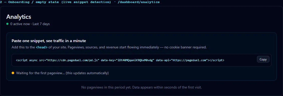 Install and verify PageDuel: Seeded installation state showing the generated snippet and first-pageview verification.